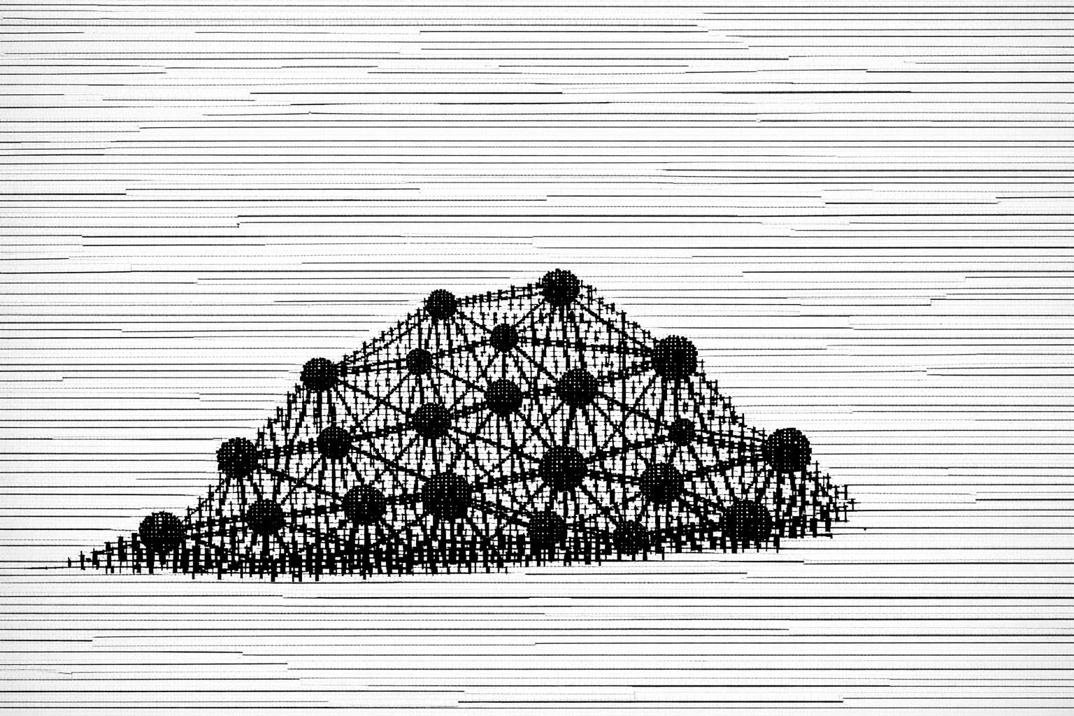 A stylized digital visualization of a search bar surrounded by glowing, interconnected nodes representing AI brand data.