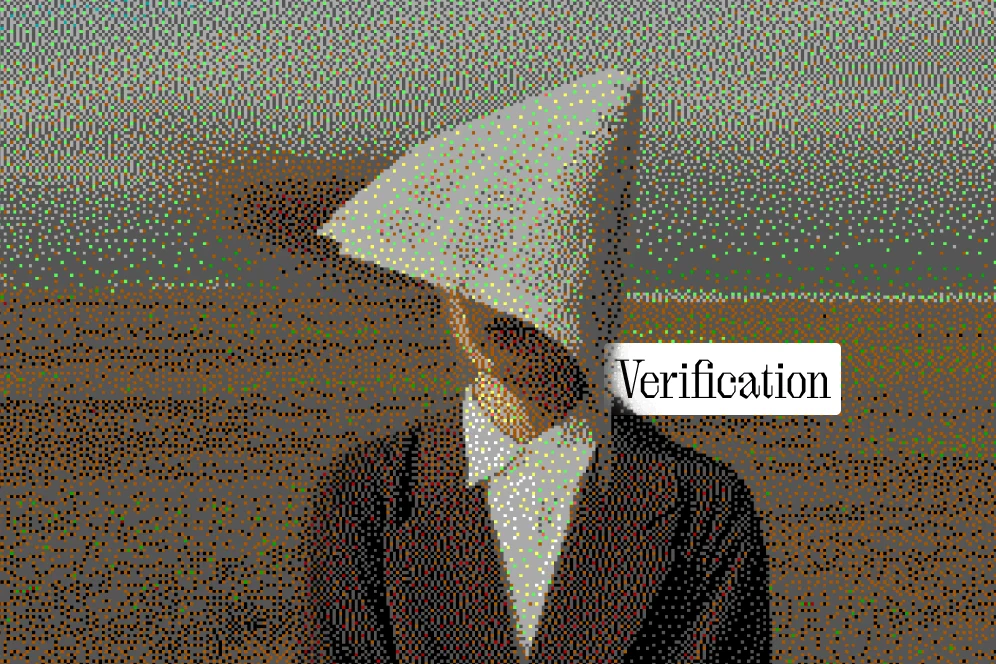 A person looking at a laptop screen showing a Facebook publishing dashboard with a checklist overlay for verification.