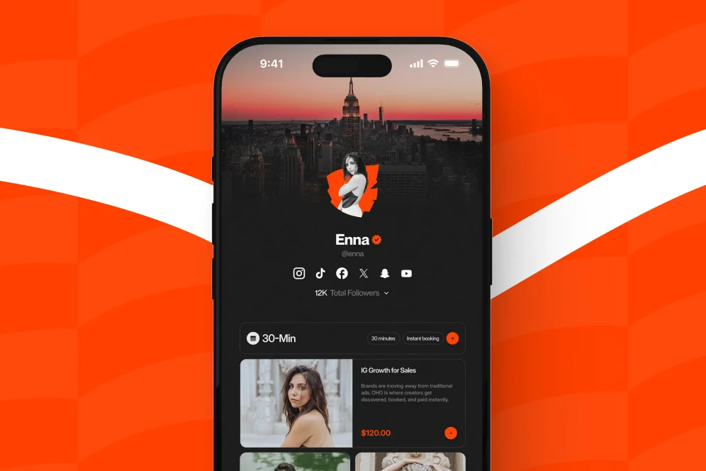 A smartphone showing a streamlined creator storefront with clear buttons for booking, buying, and subscribing to services.