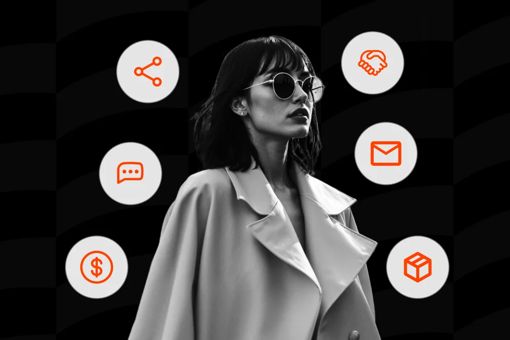 A digital dashboard showing integrated creator business workflows, connecting email, products, and revenue tracking.
