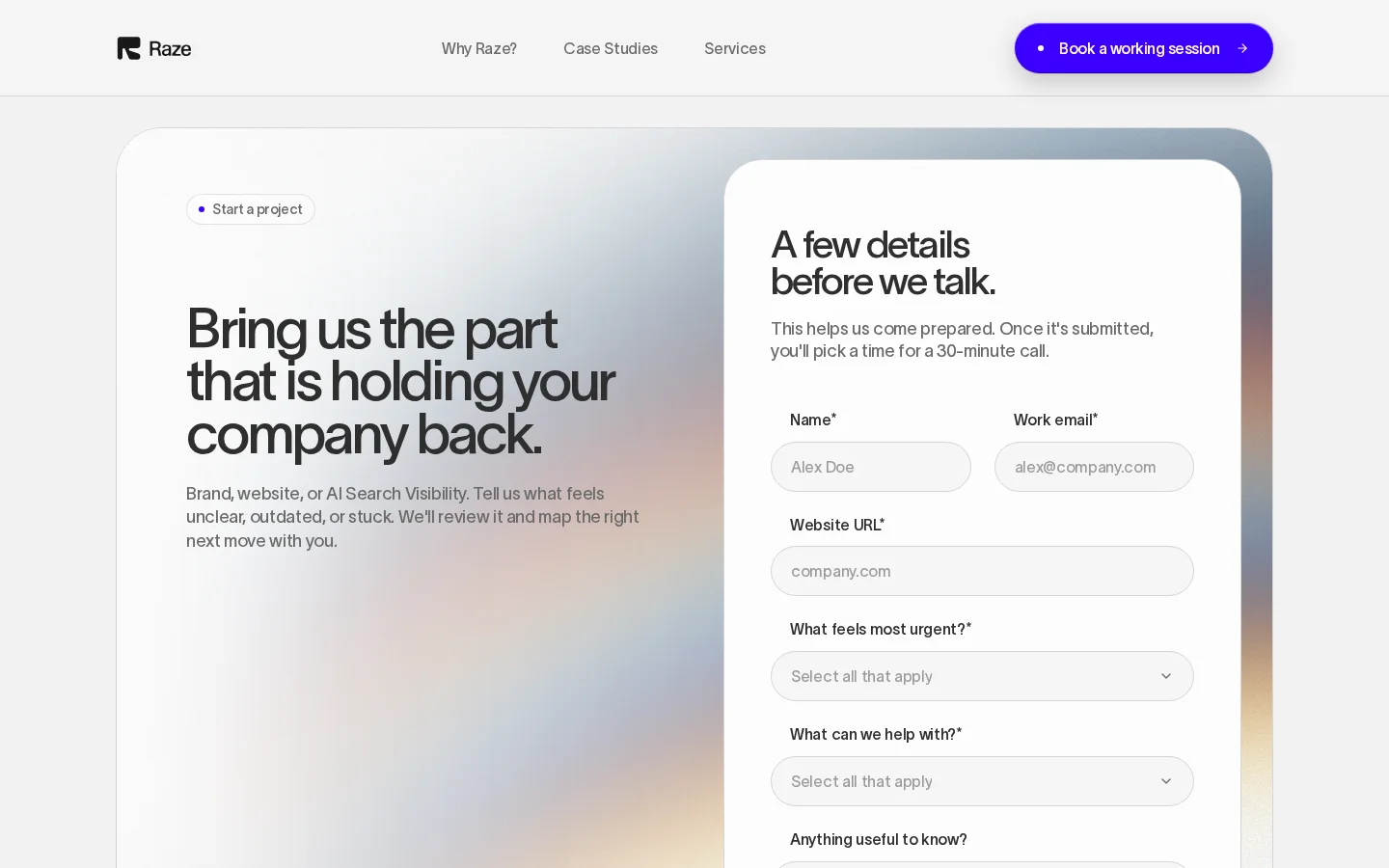 Screenshot of Raze website