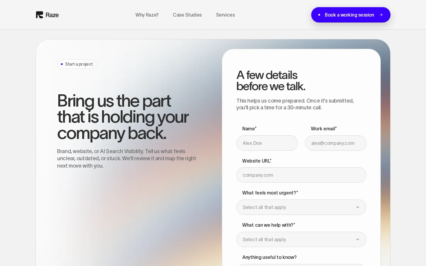 Screenshot of Raze website