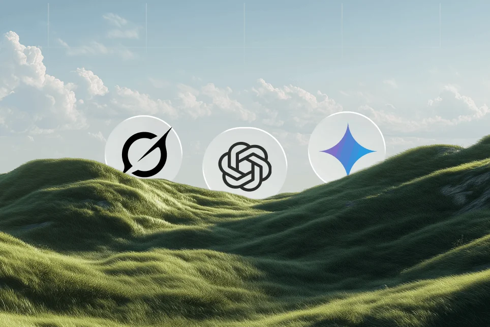 Abstract data visualization showing a brand name connecting to the logos of ChatGPT, Gemini, and Perplexity.