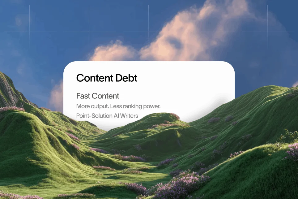 A pile of low-quality AI-generated content documents collapsing, symbolizing the failure of quick-fix SEO strategies.