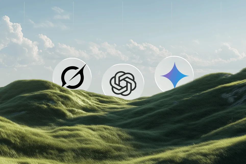 Abstract data visualization showing a brand name connecting to the logos of ChatGPT, Gemini, and Perplexity.
