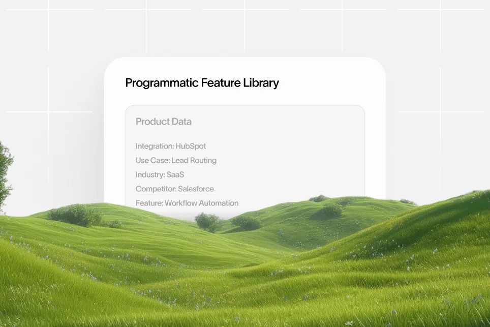 A grid of interconnected digital cards representing structured SaaS product features, use cases, and search-optimized data.
